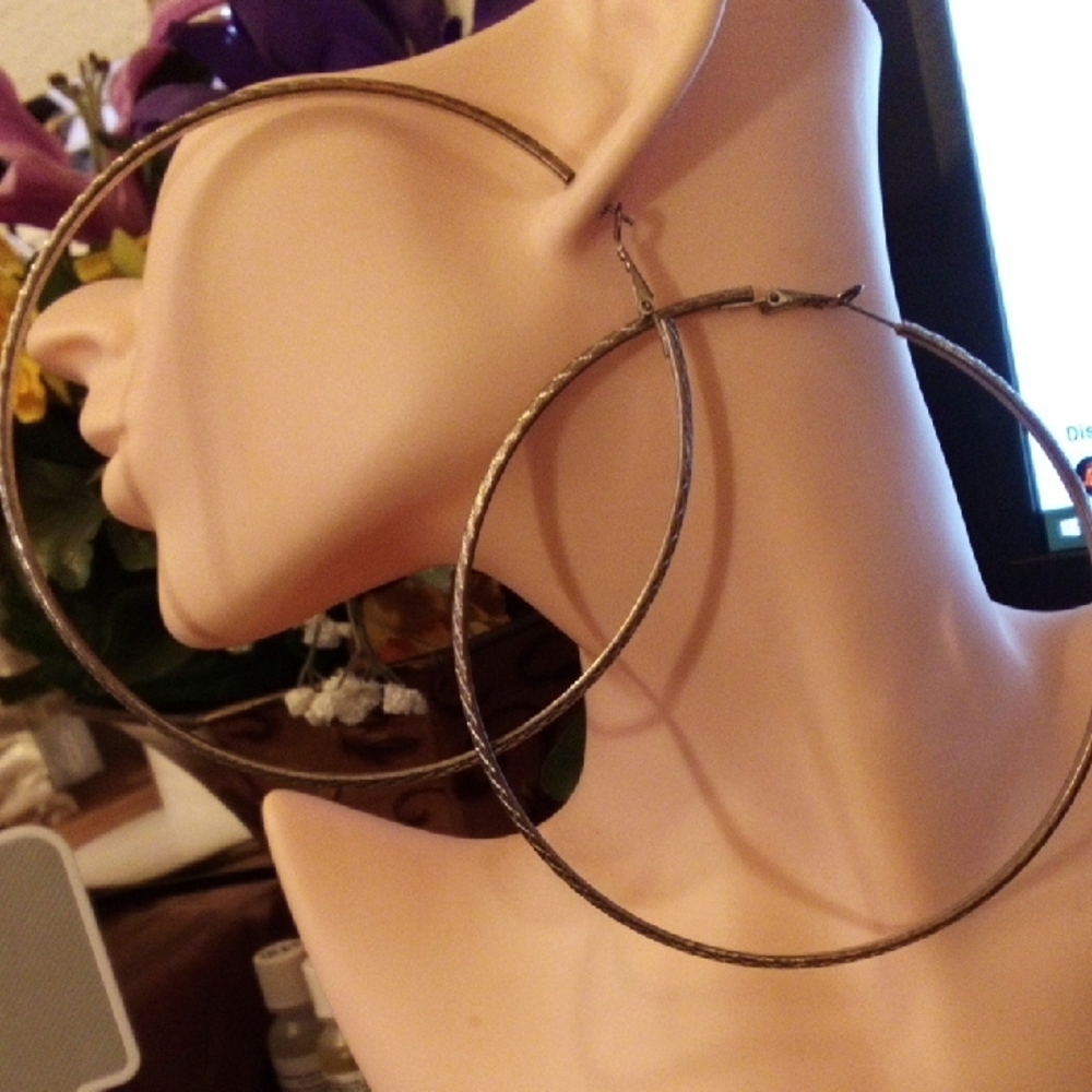 Large Textured Metal Hoop Earrings - Gold Tone